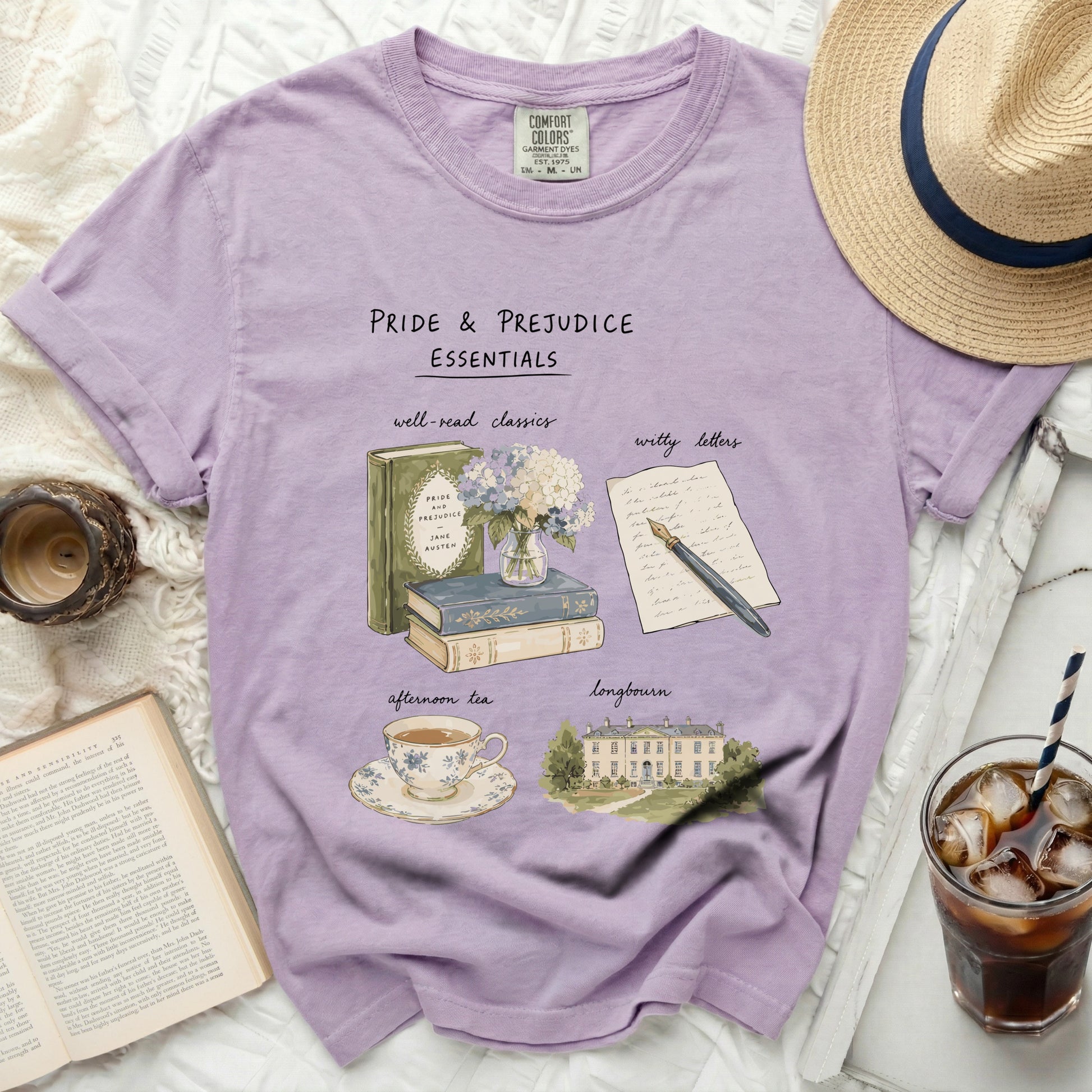 Pride & Prejudice Essentials: book, flowers, letters, tea, and Longbourn house.