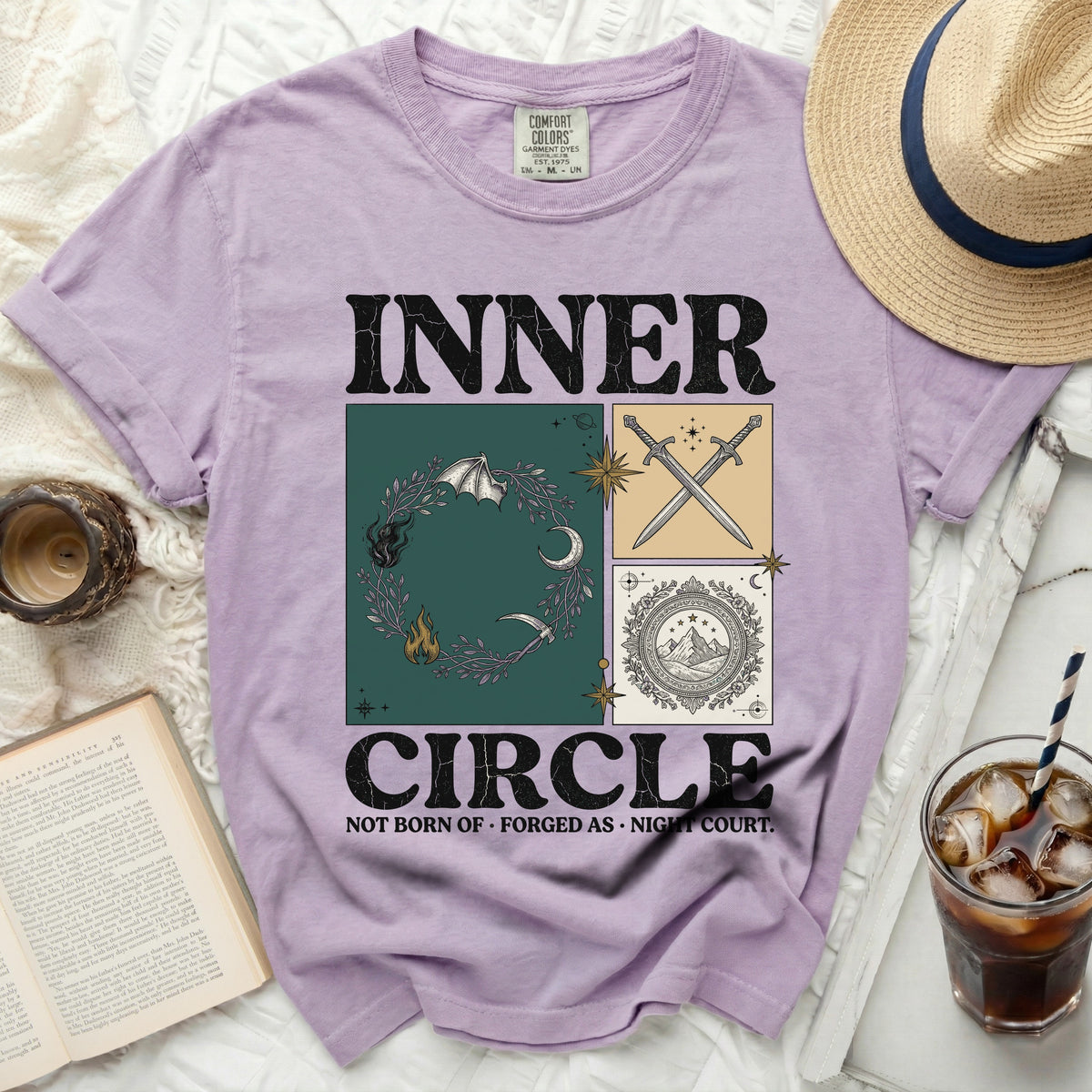 Purple t-shirt with "INNER CIRCLE NOT BORN OF FORGED AS NIGHT COURT" graphic.