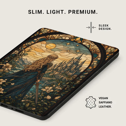 Dark case with stained glass art of a woman and castle, "VEGAN SAFFIANO LEATHER" text.