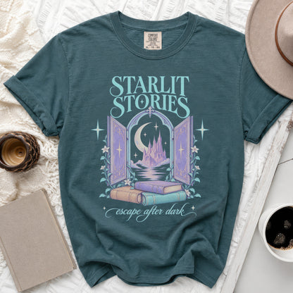 Teal t-shirt with "Starlit Stories" and a castle behind an arch, plus "escape after dark".