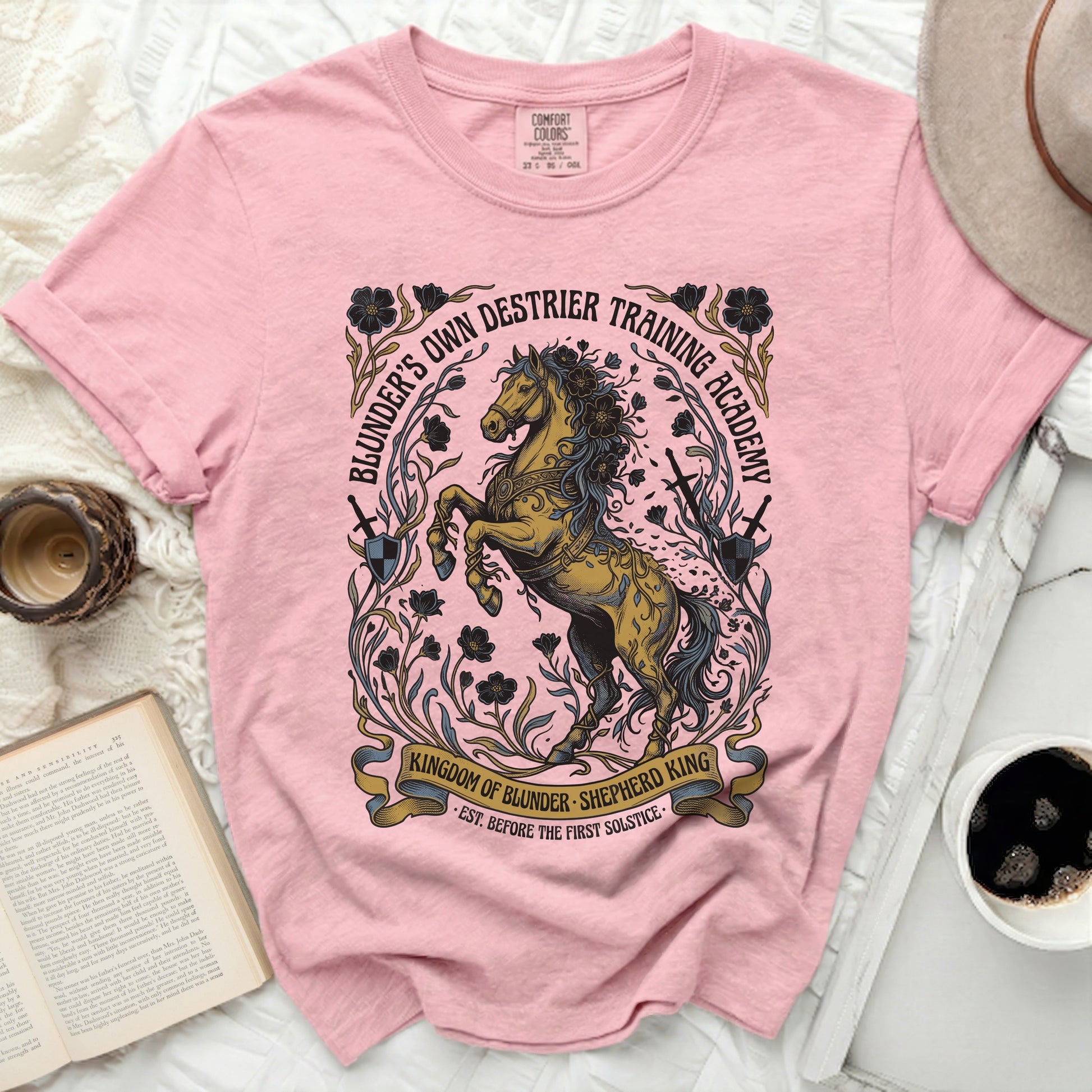 Pink t-shirt with a distressed graphic of a rearing horse and academy text.