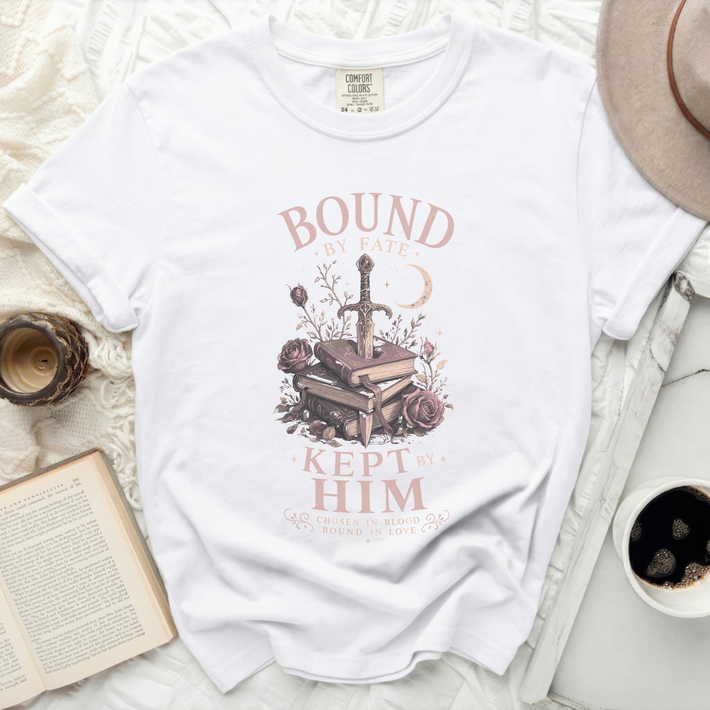 White Comfort Colors t-shirt with "Bound by Fate, Kept by Him" design.