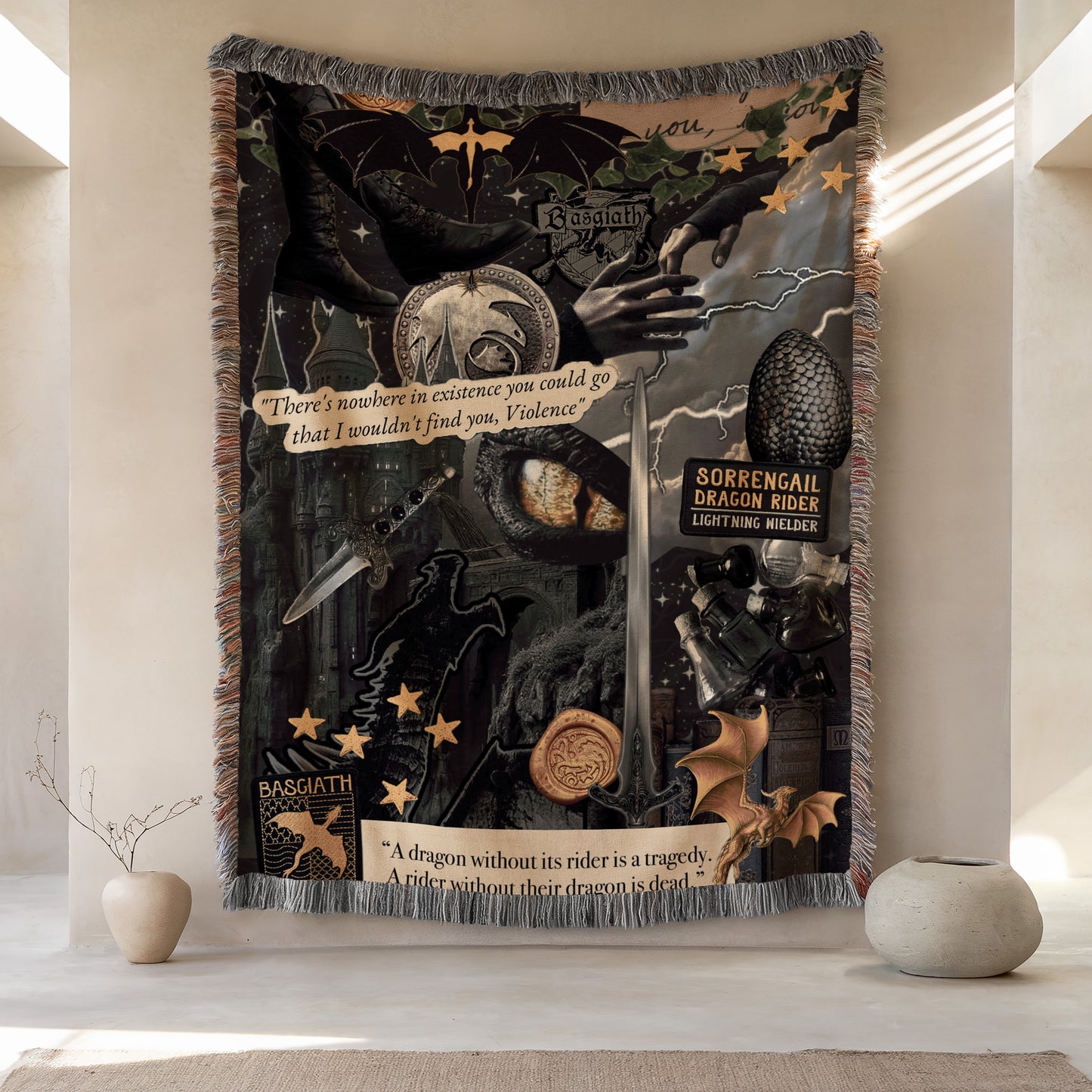 The image is a tapestry hanging on a wall, featuring various elements such as a dragon, a castle, and stars.
