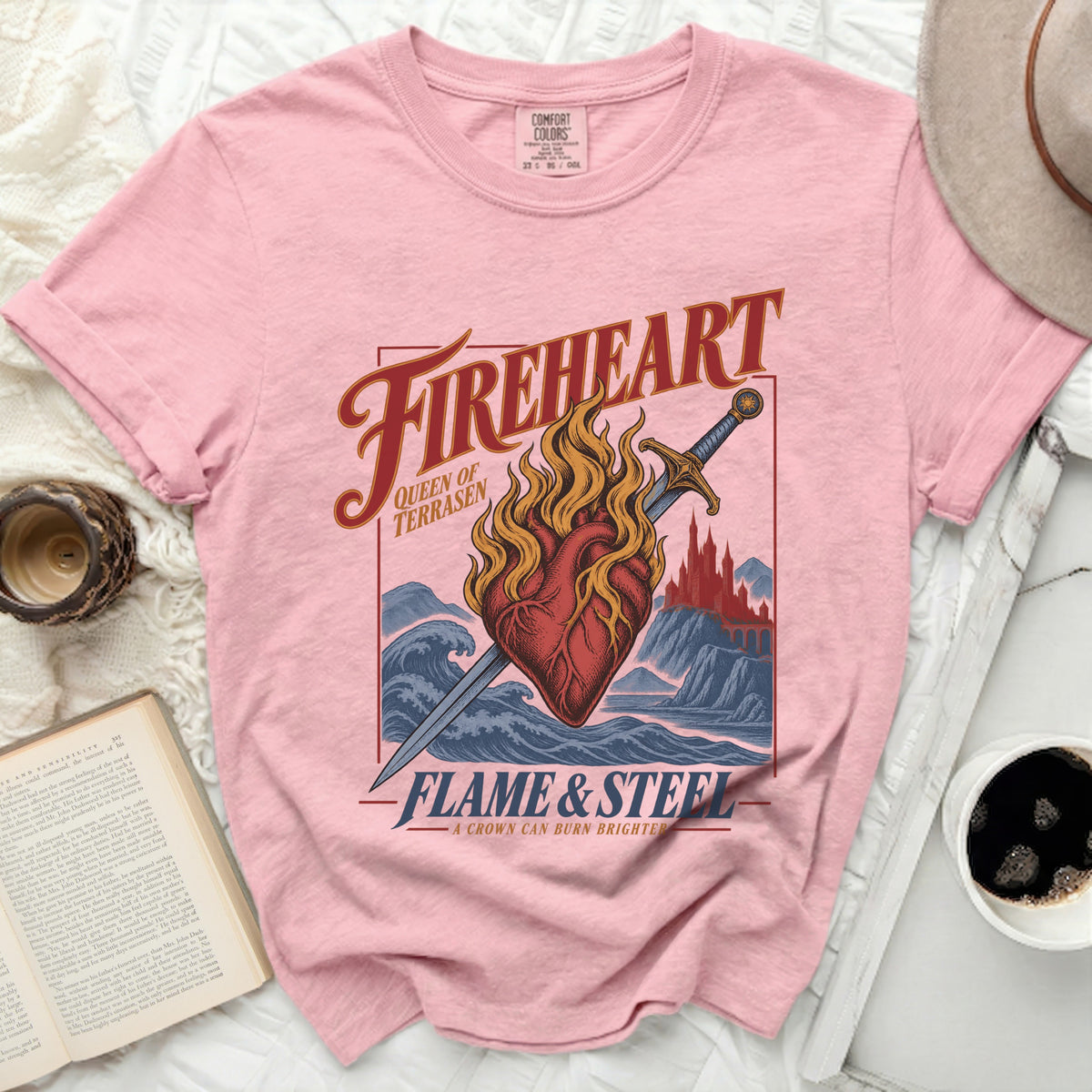 Pink t-shirt with "Fireheart Queen of Terrasen Flame & Steel" text and flaming heart graphic.