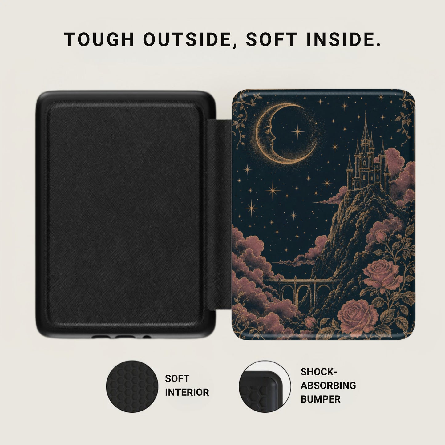 Black book cover with a celestial castle and moon design on right and plain black on left.