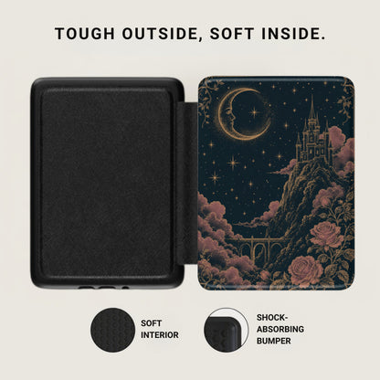 Black book cover with a celestial castle and moon design on right and plain black on left.