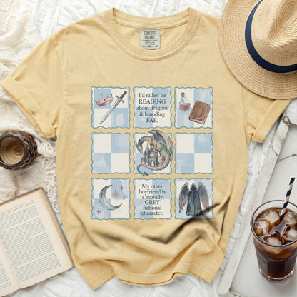 Yellow t-shirt with grid design and fantasy quotes.