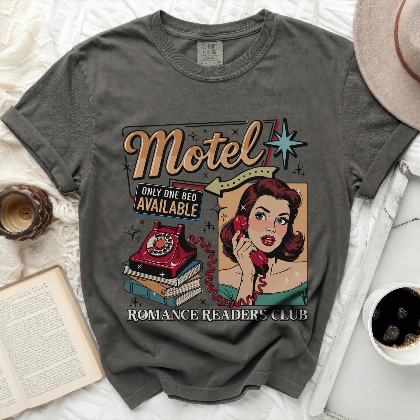 Grey t-shirt with "Motel", "Only One Bed Available", and "Romance Readers Club" graphic.