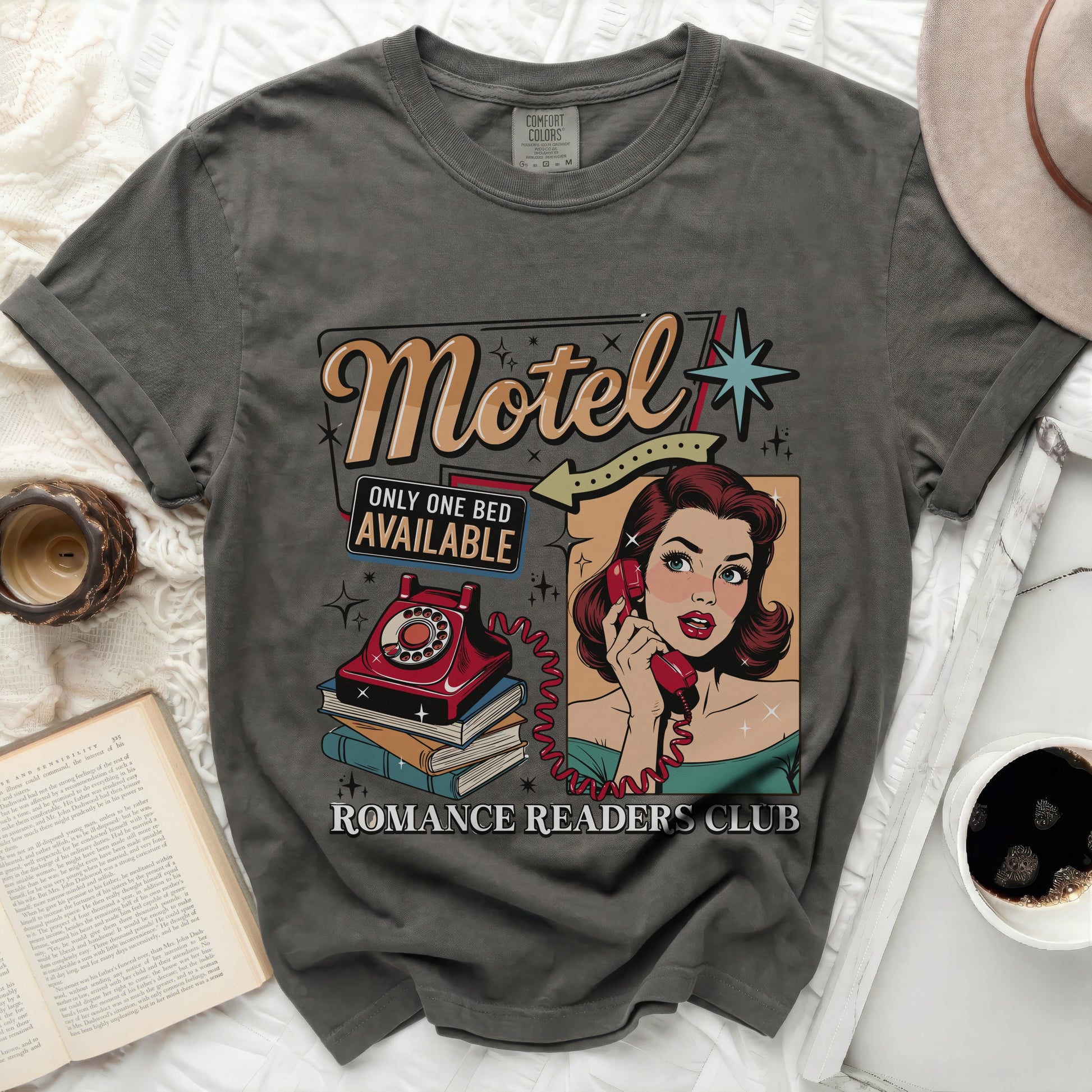 Grey t-shirt with "Motel", "Only One Bed Available", and "Romance Readers Club" graphic.