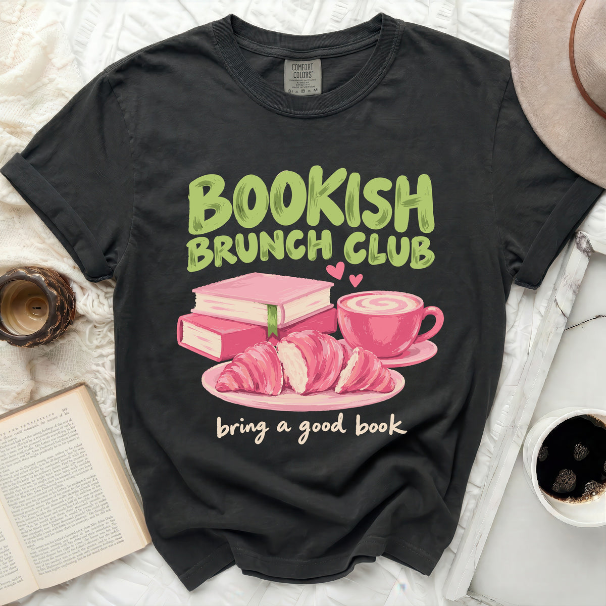 Bookish Brunch Club graphic with books, coffee, and croissants.