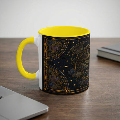 White mug with yellow handle, featuring a dark blue celestial dragon design.