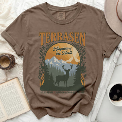 Brown t-shirt with Terrasen Kingdom of the North deer forest graphic.