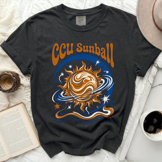 Black t-shirt with CCU Sunball graphic and text.