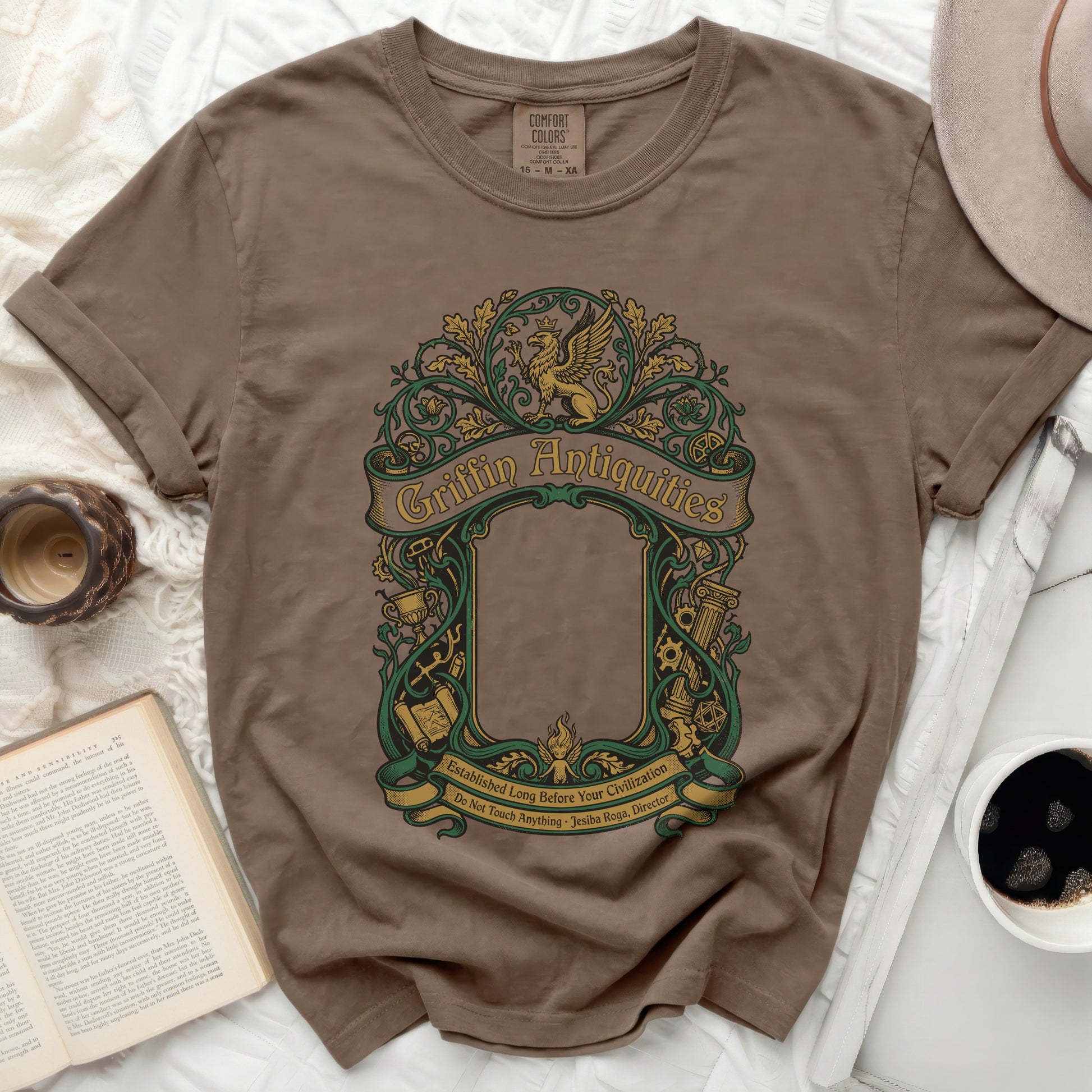 Brown t-shirt with vintage Griffin Antiquities design.