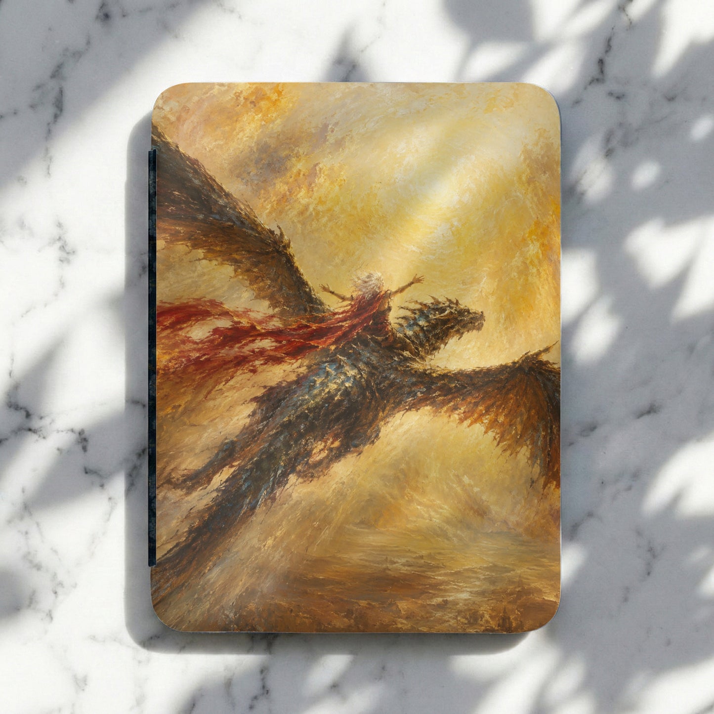 Painting of Daenerys Targaryen riding a dragon with a red cape in a golden sky.