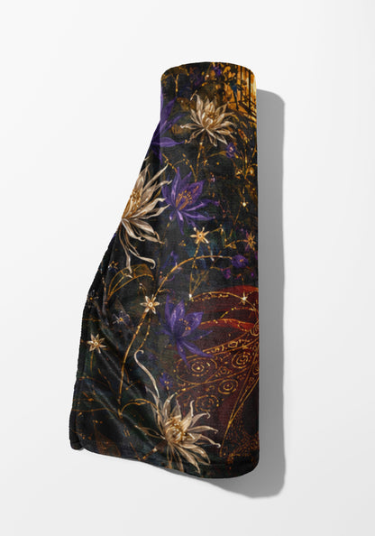 Rolled blanket with dark floral and ornate gold scroll pattern.