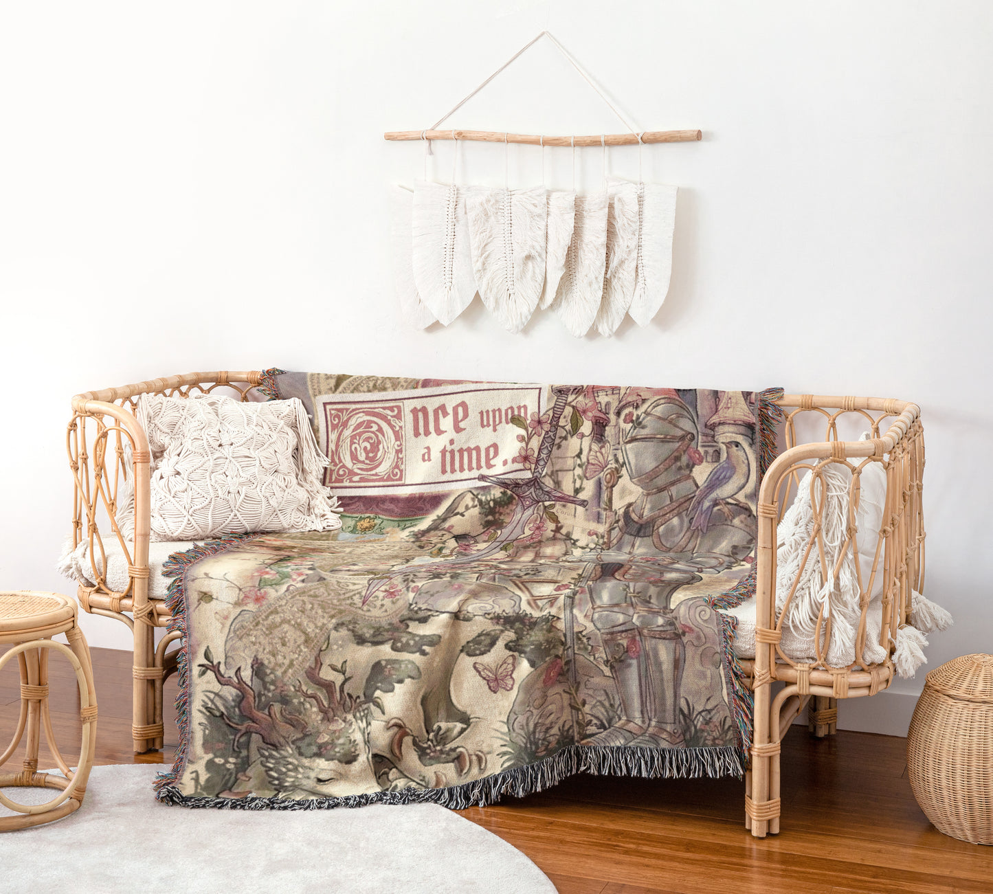 a cozy living space with a woven bench, a decorative blanket, and a wall hanging.