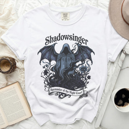 White t-shirt with "Shadowsinger Spymaster of the Night Court" graphic.