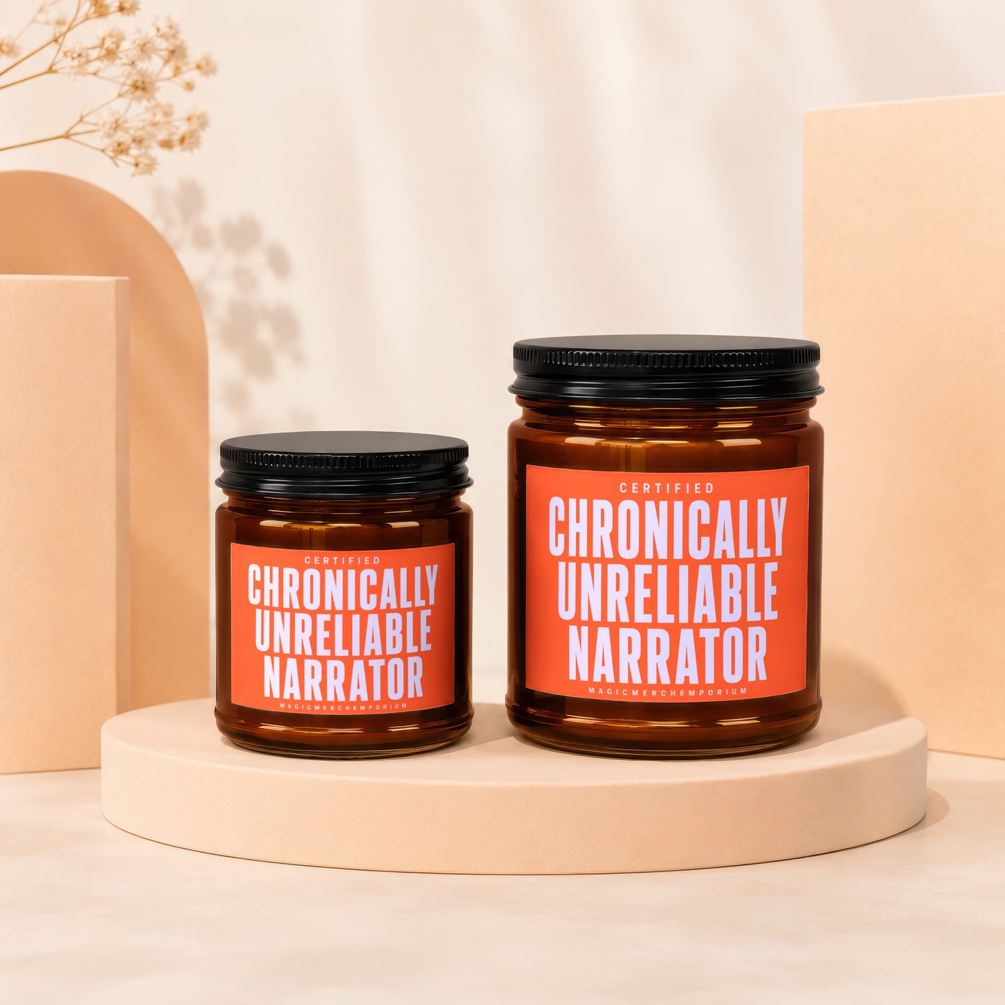 Two amber jars with black lids and orange labels reading "CHRONICALLY UNRELIABLE NARRATOR".