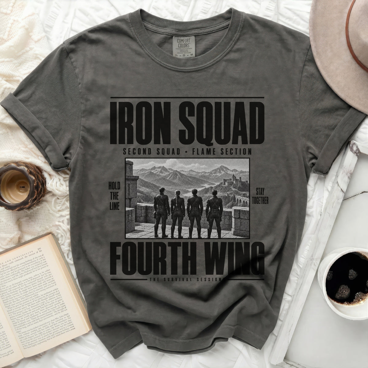 Grey t-shirt with "Iron Squad Fourth Wing" and mountain graphic.