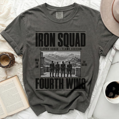Grey t-shirt with "Iron Squad Fourth Wing" and mountain graphic.