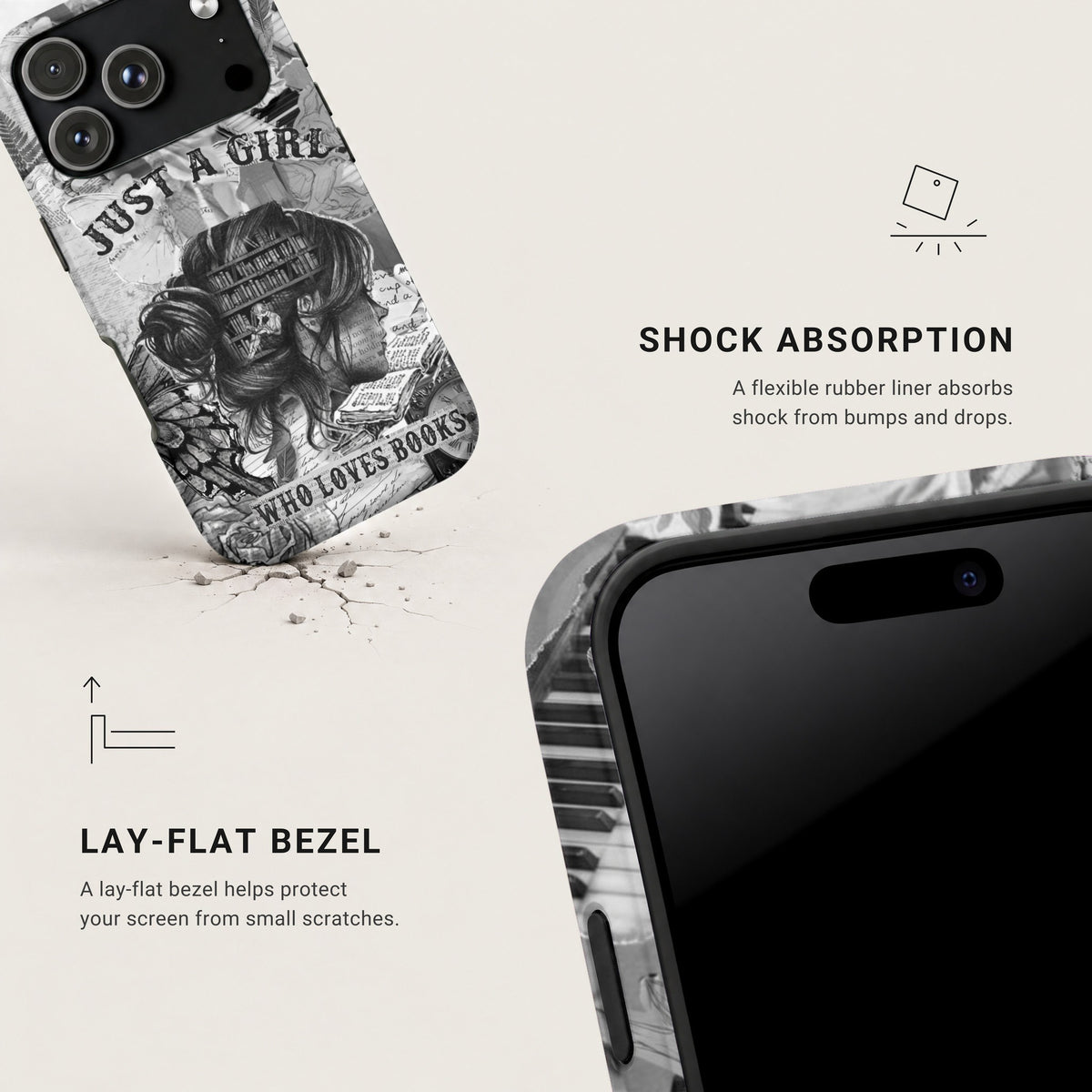 A black phone case featuring a grayscale book-themed collage design with the text Just a girl who loves books.