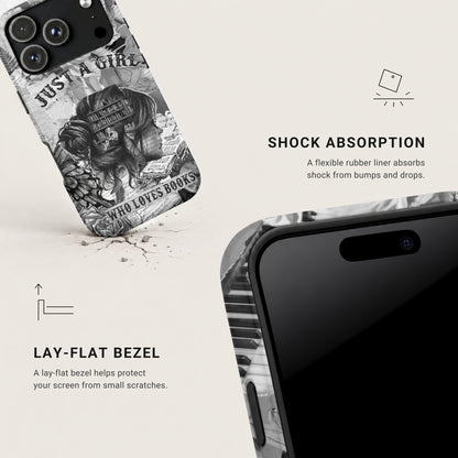 A black phone case featuring a grayscale book-themed collage design with the text Just a girl who loves books.