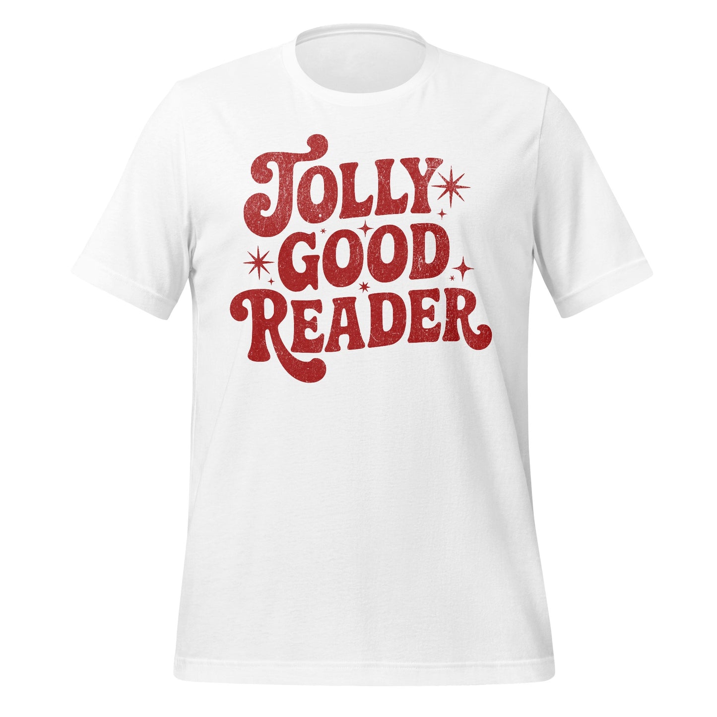 Jolly Good Reader T-Shirt with Retro Red Glitter Text