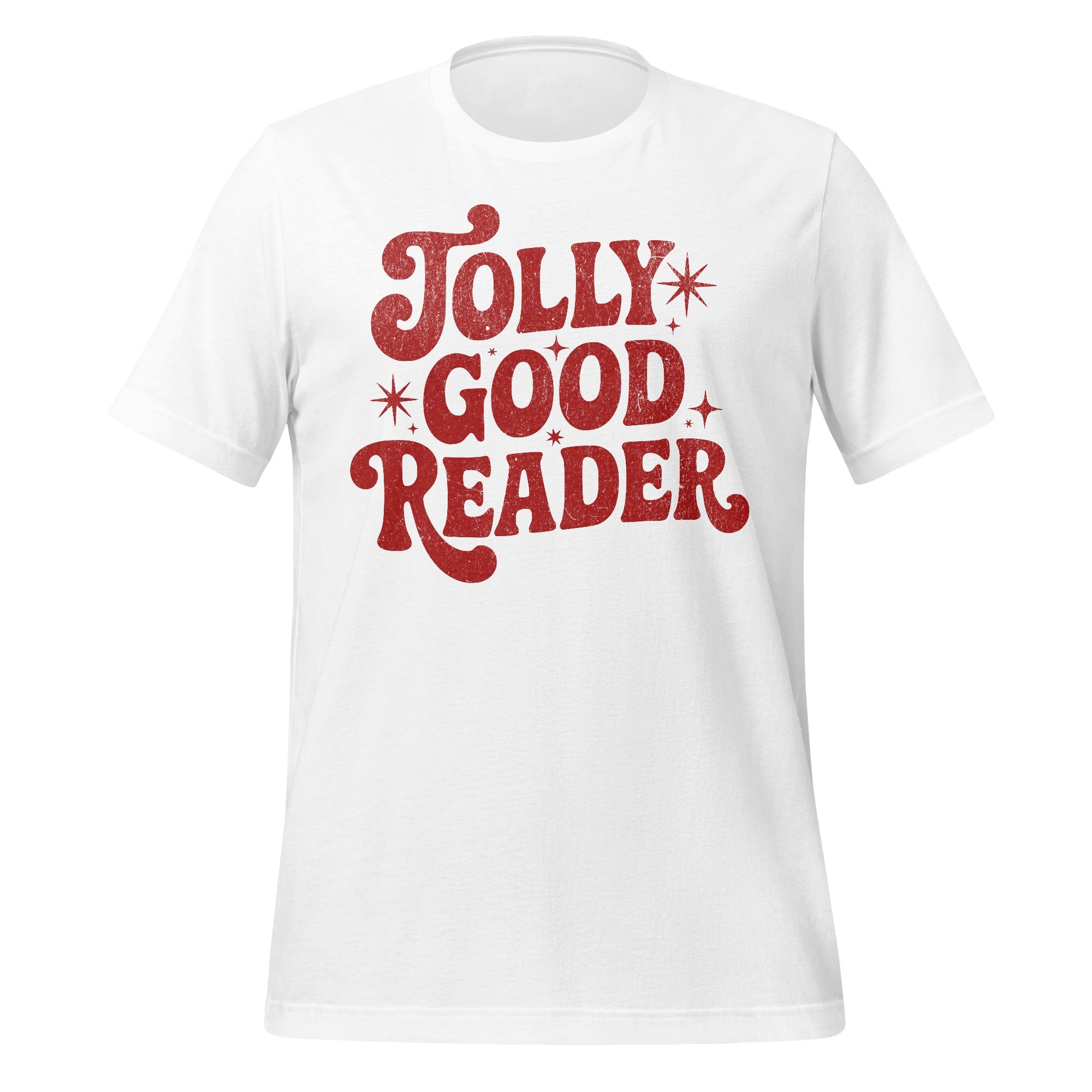 Jolly Good Reader T-Shirt with Retro Red Glitter Text