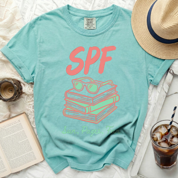 Sun, Pages, Fun Tee in Island Reef