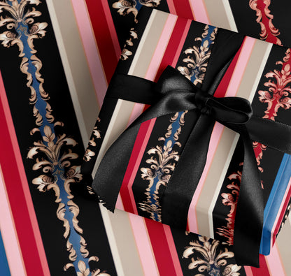 Elegant Black and Gold Floral Striped Gift Wrap