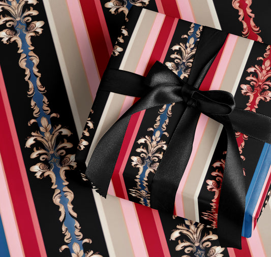Elegant Black and Gold Floral Striped Gift Wrap