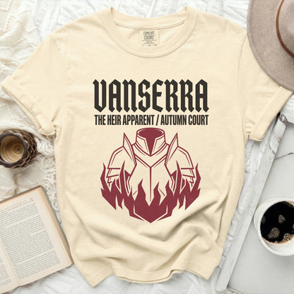 Cream t-shirt with "VANSERRA THE HEIR APPARENT / AUTUMN COURT" and armor design.