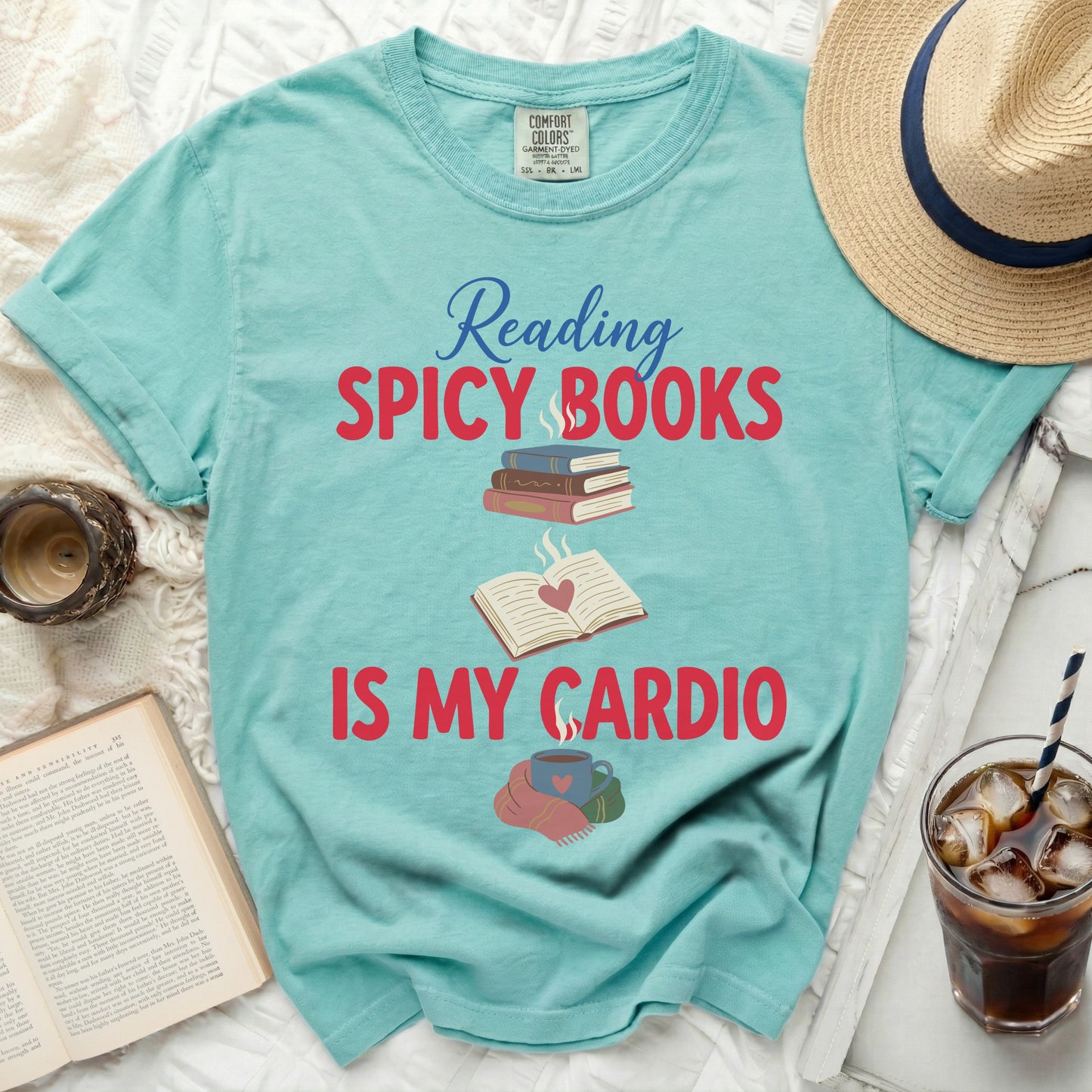 T-shirt with "Reading SPICY BOOKS IS MY CARDIO" text and book icon.