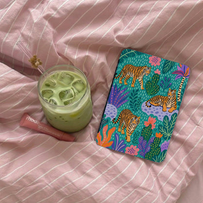 Phone case with tigers and tropical plants on a pink striped background.