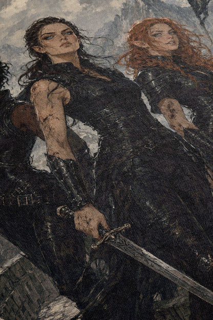 two women with long hair, one wearing a black outfit and the other in a red outfit, standing together and holding a sword.