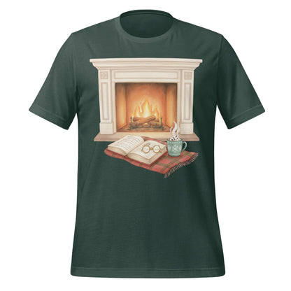 Cozy Fireplace and Books Illustration T-Shirt