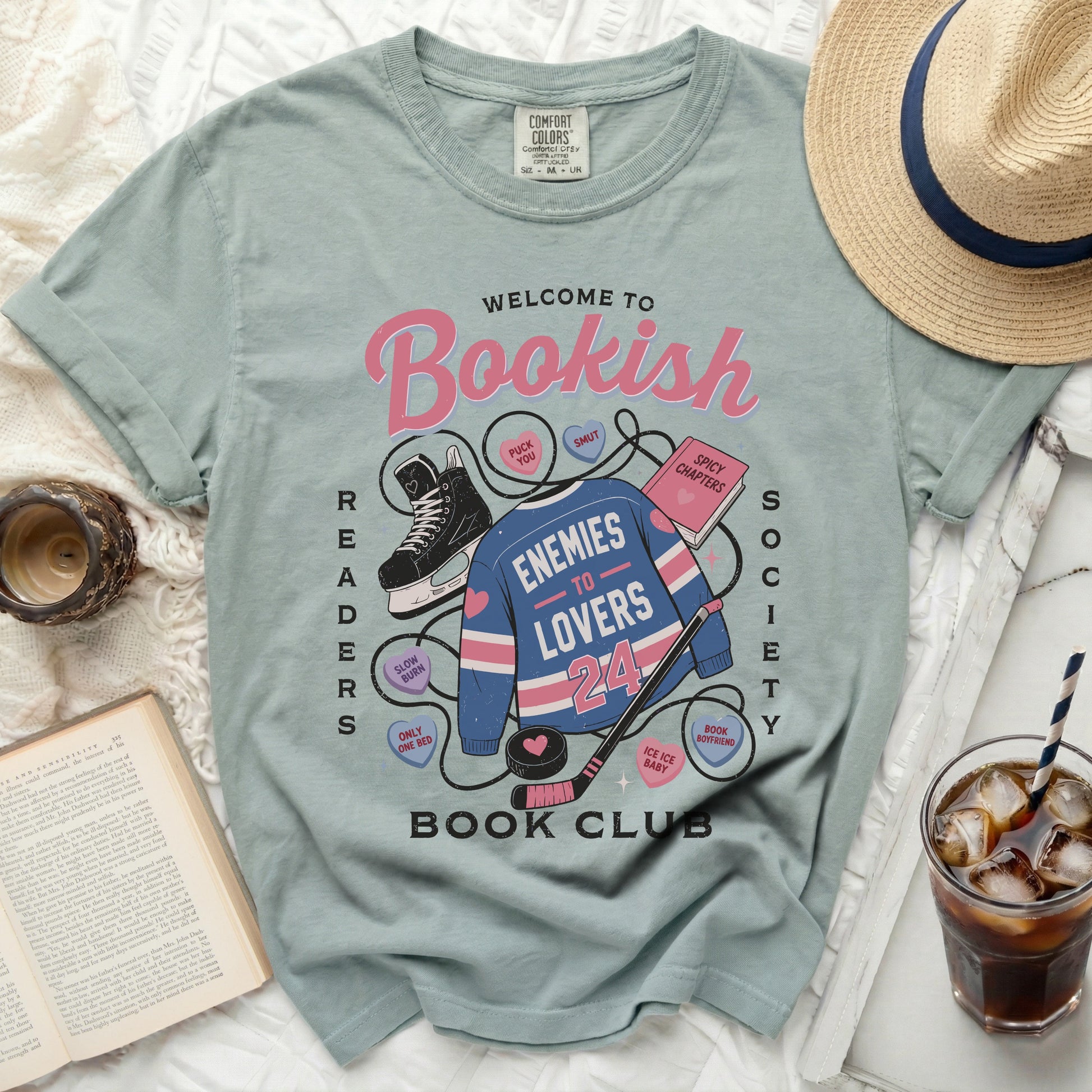 Light blue t-shirt with "Bookish Lovers Society" design and reading-themed graphics.