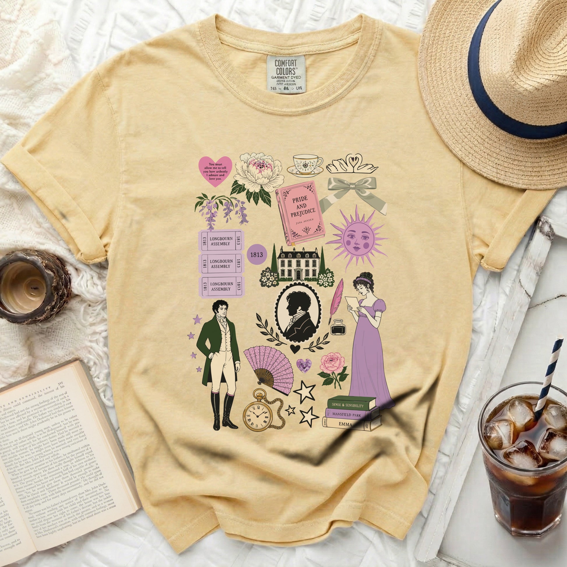 T-shirt with "Pride and Prejudice" and other Jane Austen imagery.