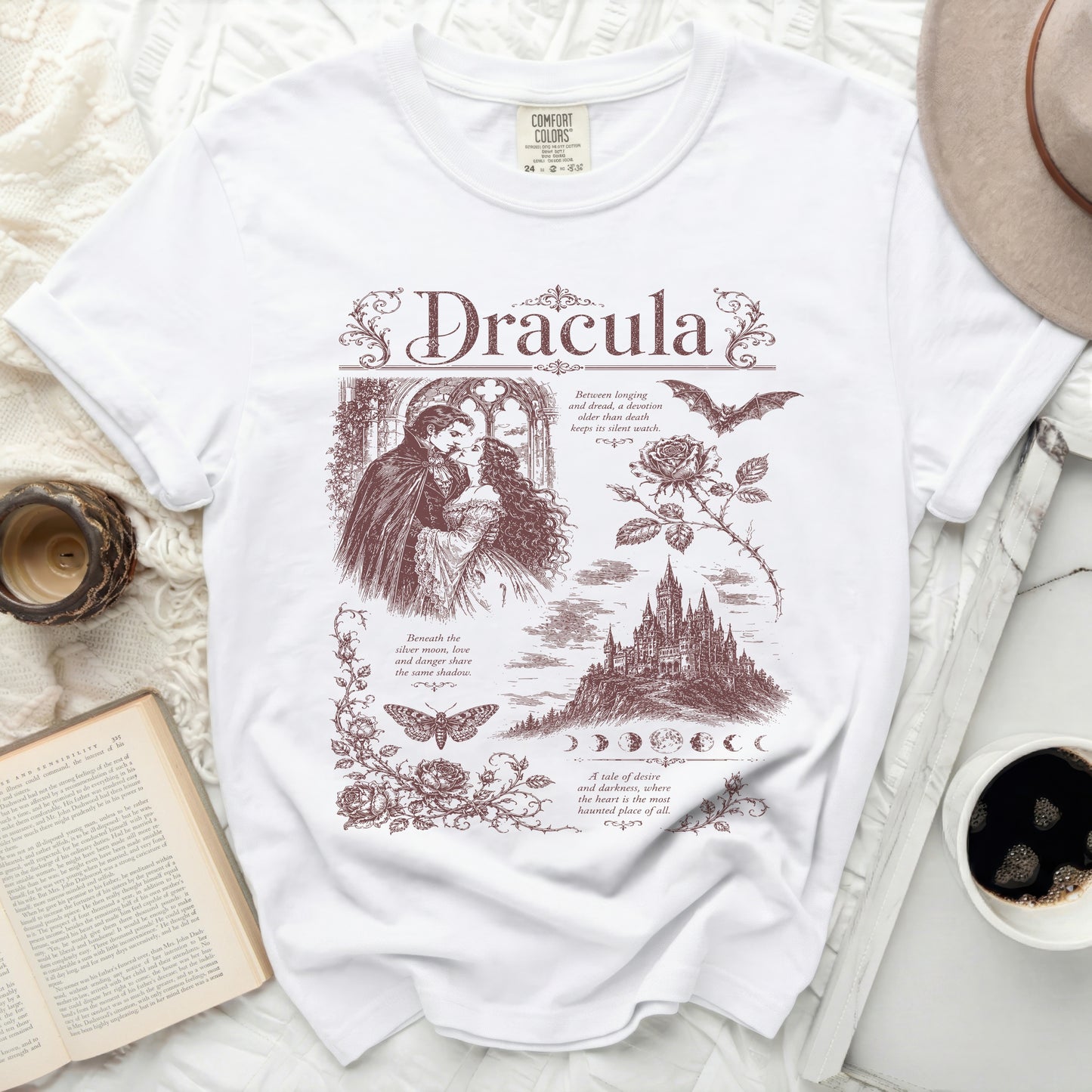 Dracula white t-shirt with gothic illustration and text.