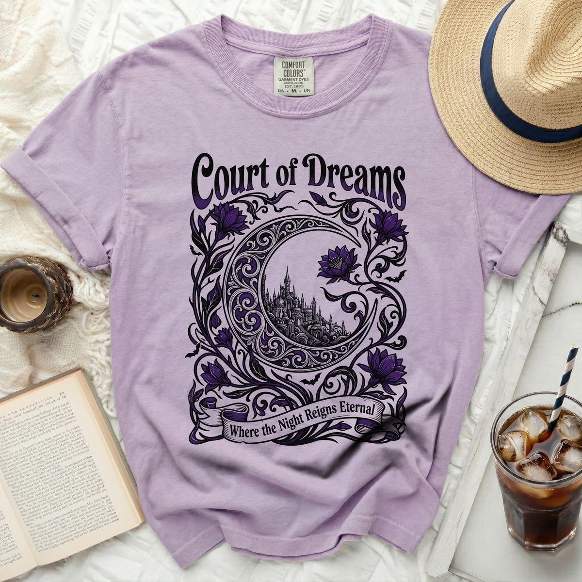 Lavender t-shirt with "Court of Dreams" and crescent moon design.