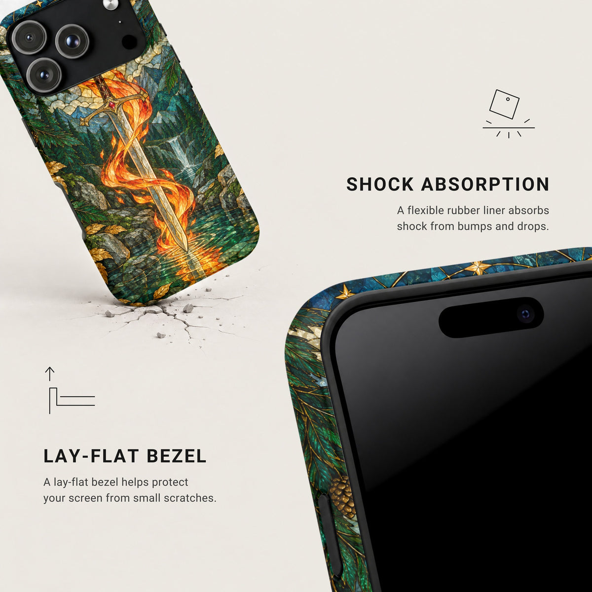 Two views of a phone case featuring a flaming sword design, highlighting shock absorption and lay-flat bezel features.