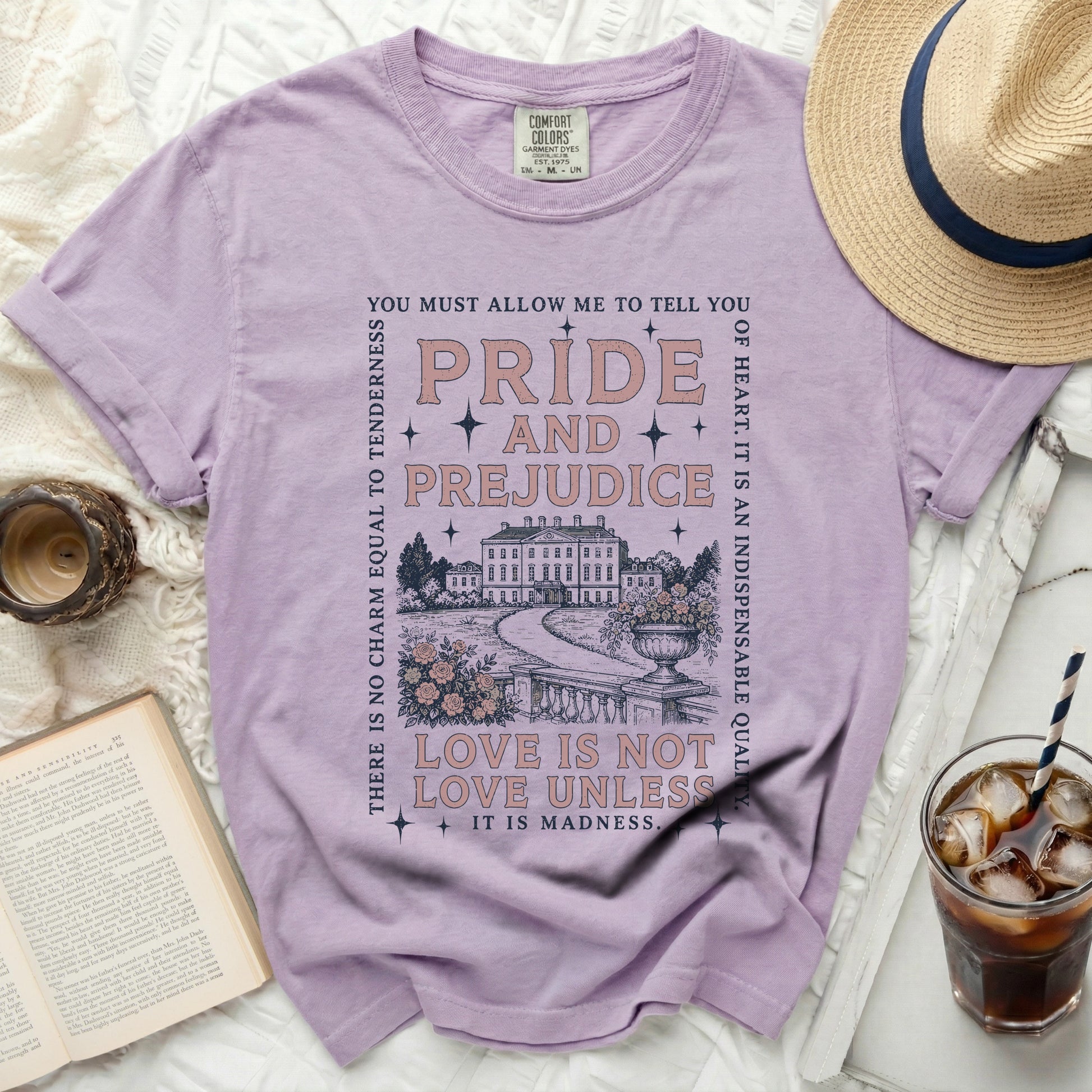 Lavender t-shirt with Pride and Prejudice quote and illustration.