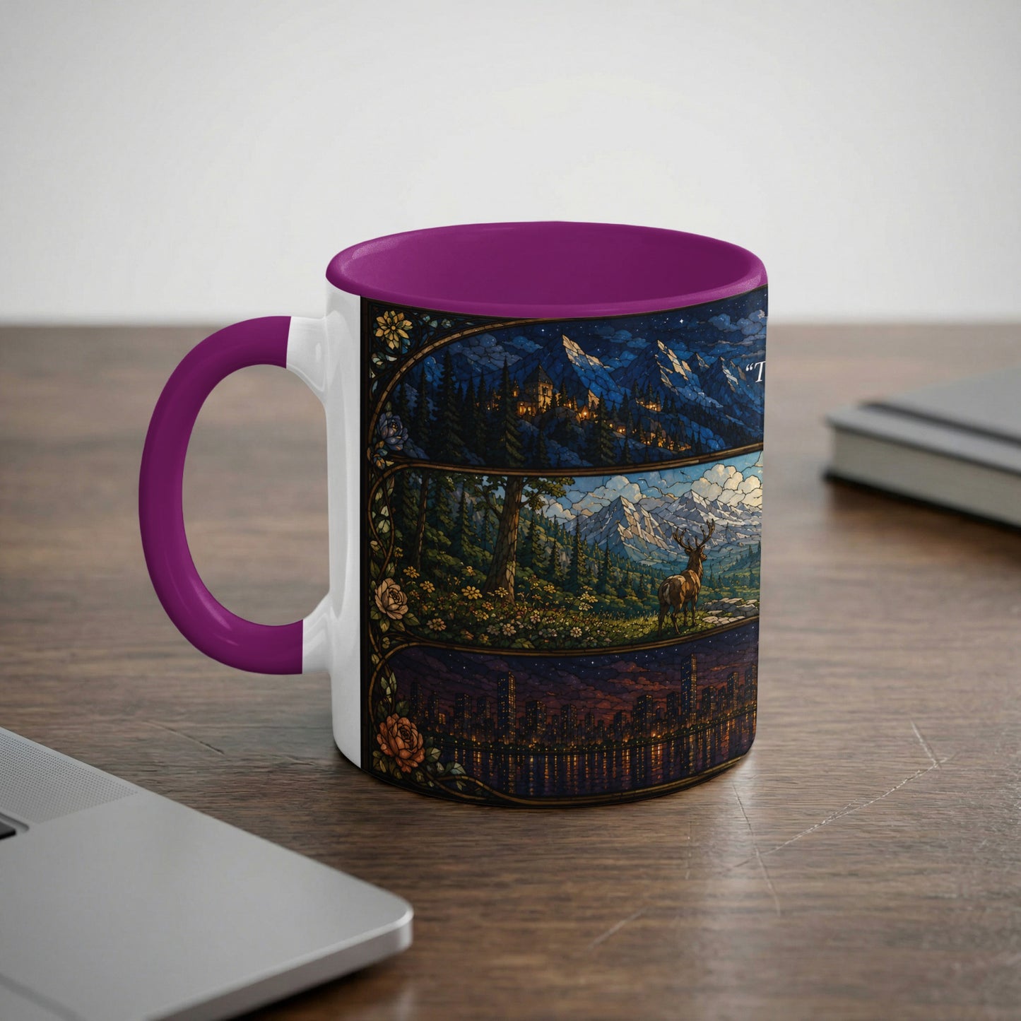 Mug with purple handle and interior features three stained-glass style art panels.