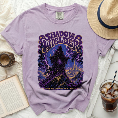 Purple t-shirt with "Shadow Welder" graphic and quote "I WILL NOT APOLOGIZE FOR MY NATURE".