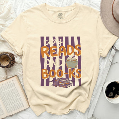 Cream shirt with "Cozy Reads and Boo-ks" graphic and Halloween motifs.