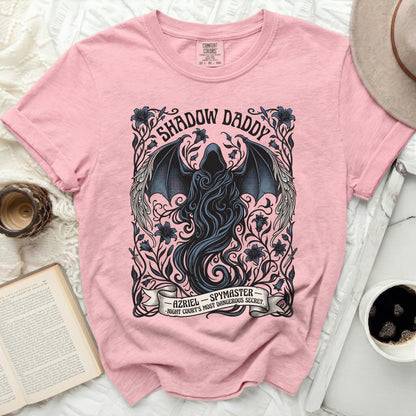 Pink t-shirt with "Shadow Daddy" and "Azriel Spymaster" text and gothic artwork.