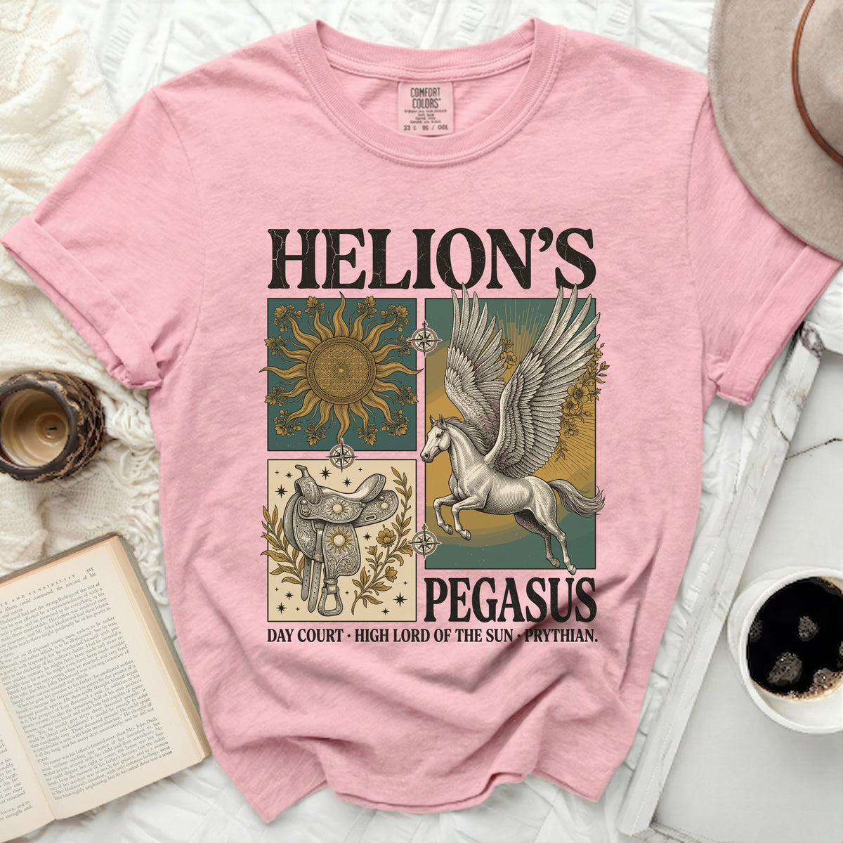 Helion's Pegasus graphic t-shirt with sun, saddle, and winged horse.