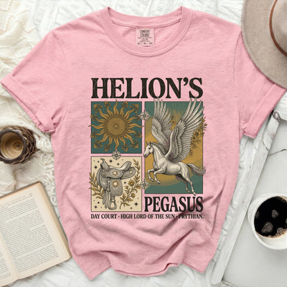 Helion's Pegasus graphic t-shirt with sun, saddle, and winged horse.