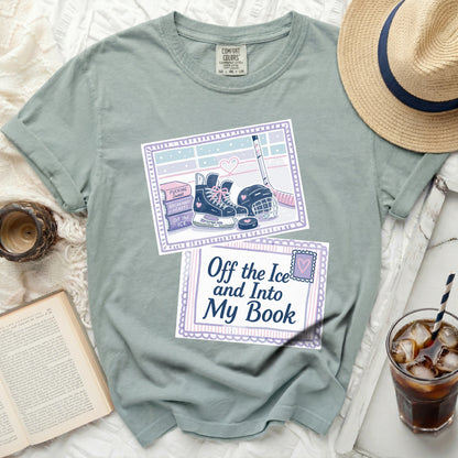 T-shirt with ice skates, hockey stick, puck, and text "Off the Ice and Into My Book."